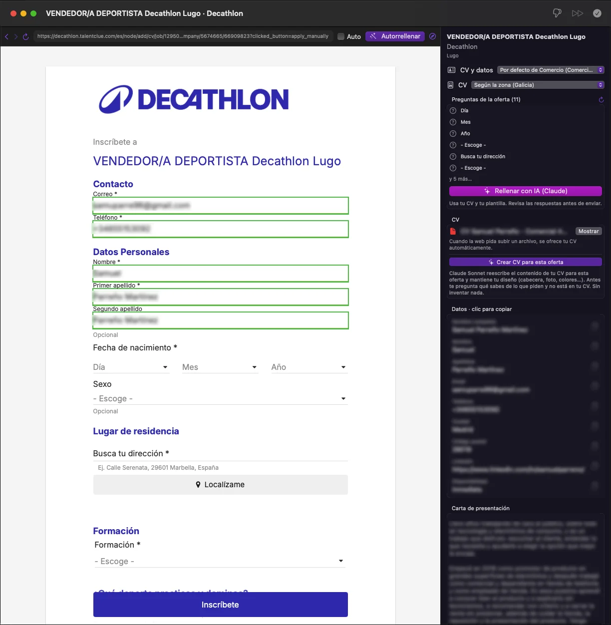 Navegador integrado rellenando una candidatura de Decathlon, con las preguntas de la oferta, «Rellenar con IA» y los datos en la barra lateral