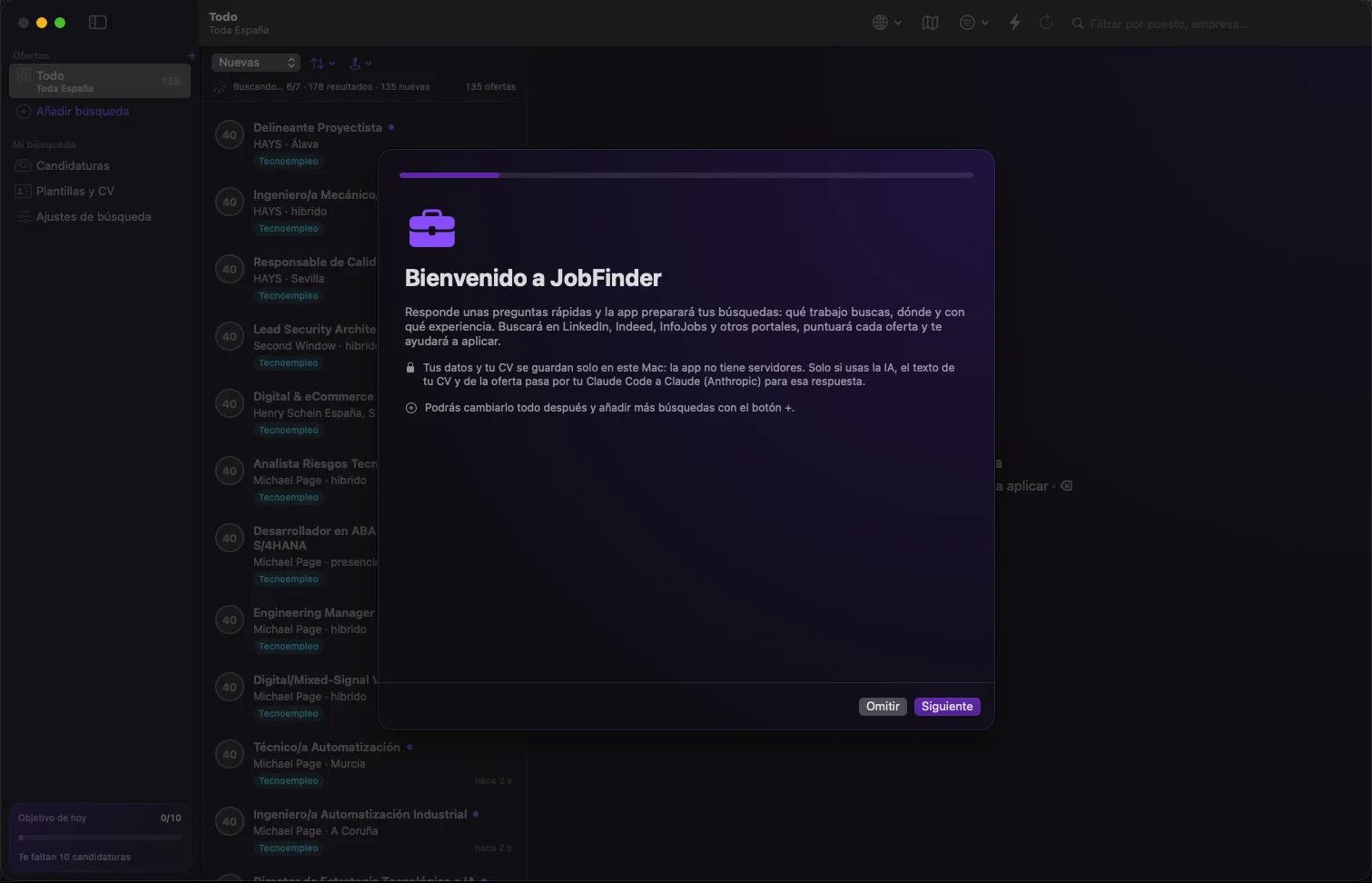 Bienvenida de JobFinder: un cuestionario rápido prepara las búsquedas mientras la app ya encuentra ofertas