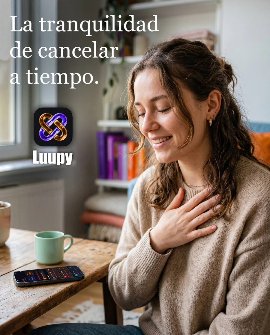 Anuncio de Luupy: «La tranquilidad de cancelar a tiempo». Una mujer sonríe aliviada con la mano en el pecho, con el móvil sobre la mesa
