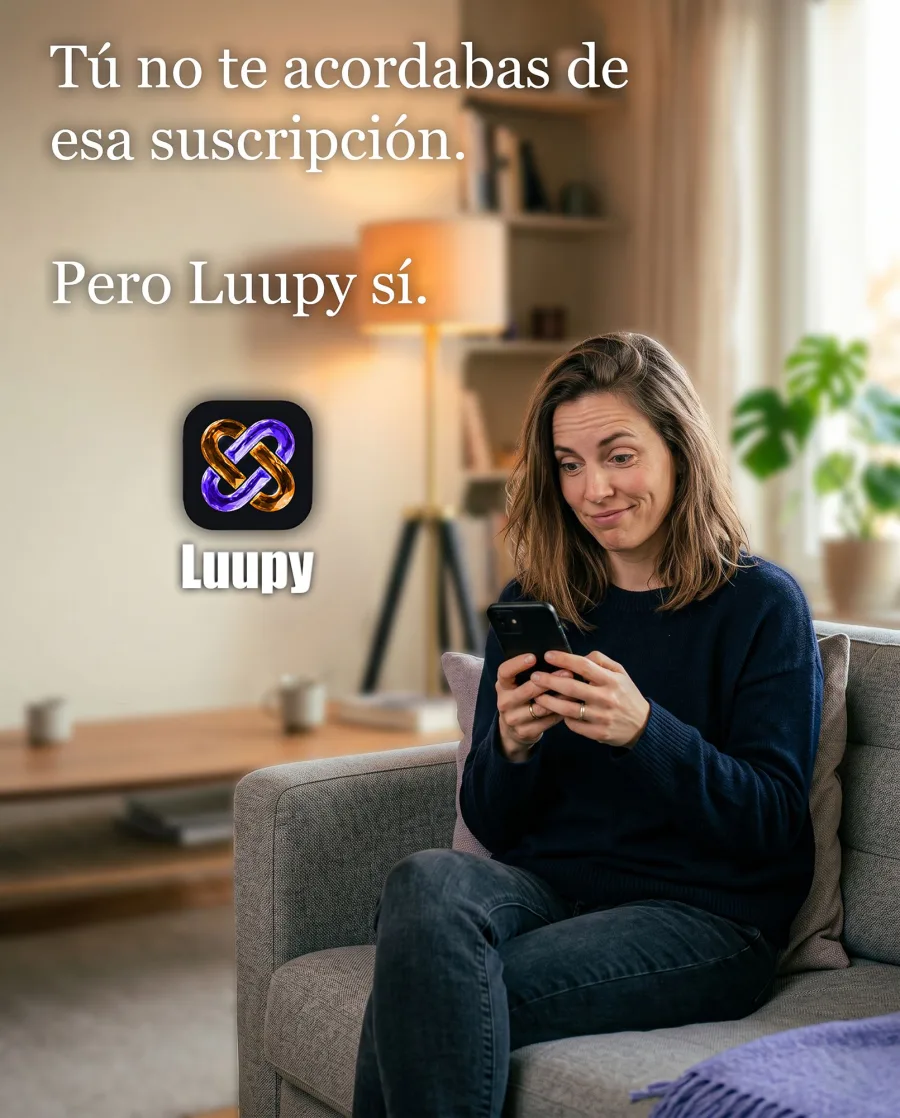 Anuncio de Luupy: «Tú no te acordabas de esa suscripción. Pero Luupy sí». Una mujer sonríe mirando el móvil en el sofá