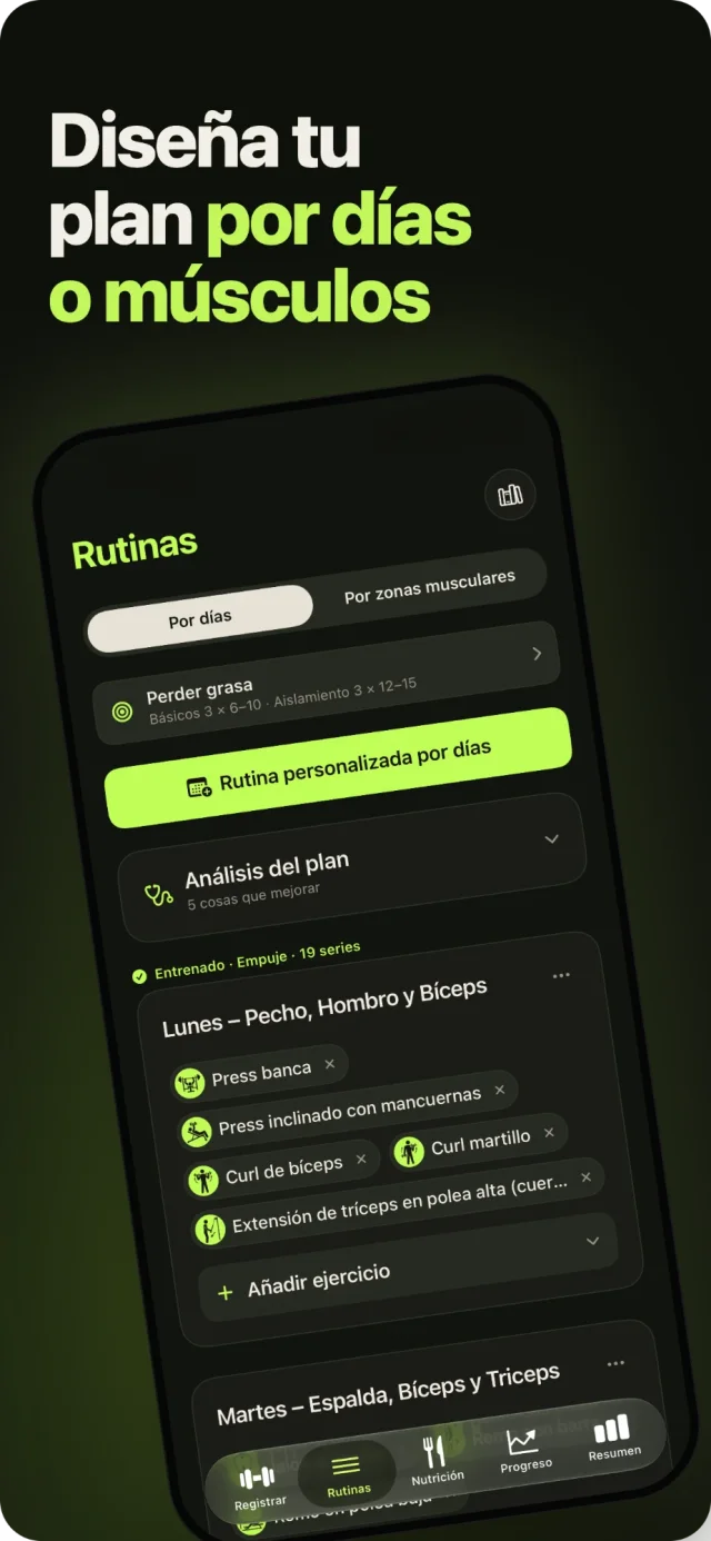 «Diseña tu plan por días o músculos»: pantalla Rutinas con el plan por días, el análisis del plan y los ejercicios de cada día