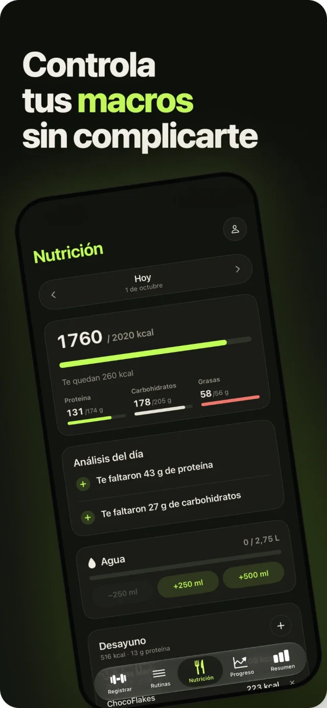 «Controla tus macros sin complicarte»: pantalla Nutrición con calorías, proteína, carbohidratos, grasas, agua y comidas del día